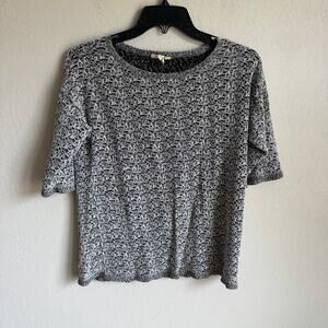 Eileen Fisher Black White Textured Organic Linen Short Sleeve Blouse Womens M